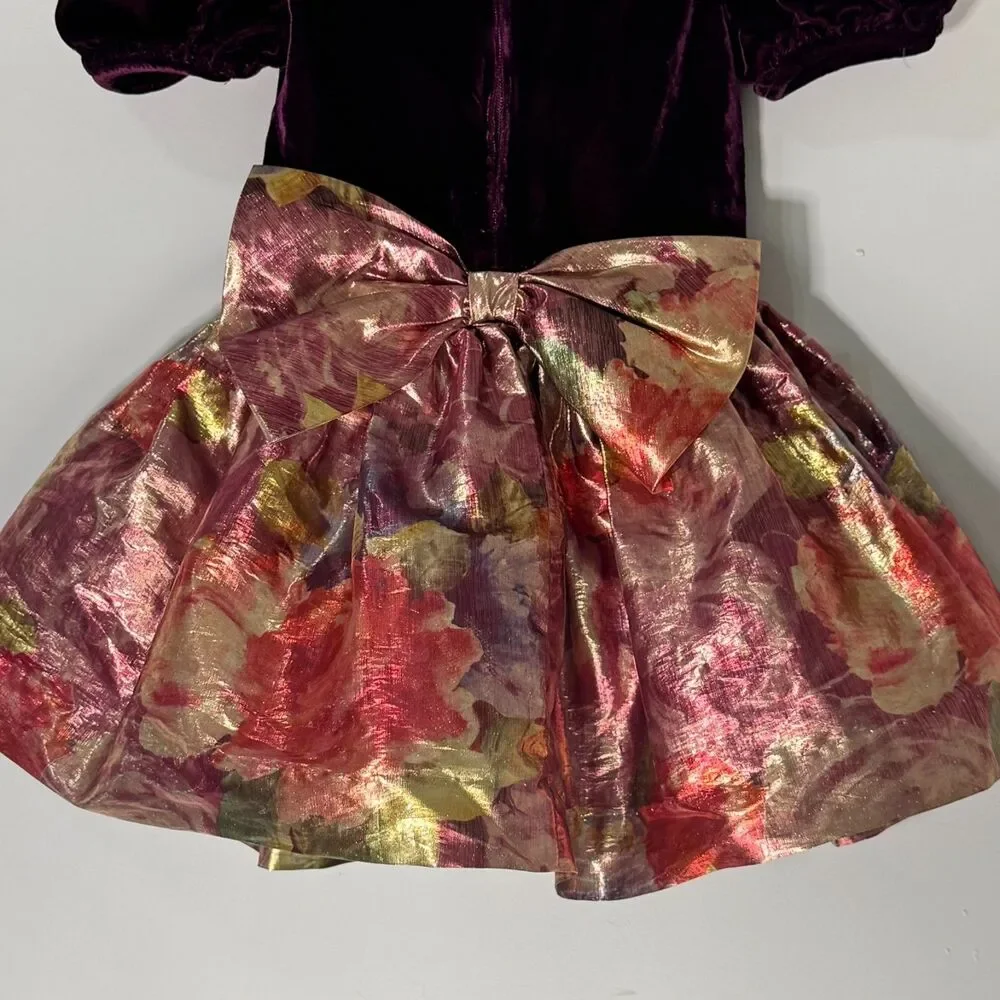 VTG Dorissa International Toddler Girls 4T Dress Burgundy Gold Bow Holiday